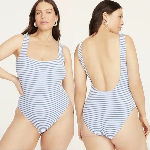 J. Crew Other - J Crew Womens Textured Blue White Striped Open Back One Piece Swimsuit Size 8/10